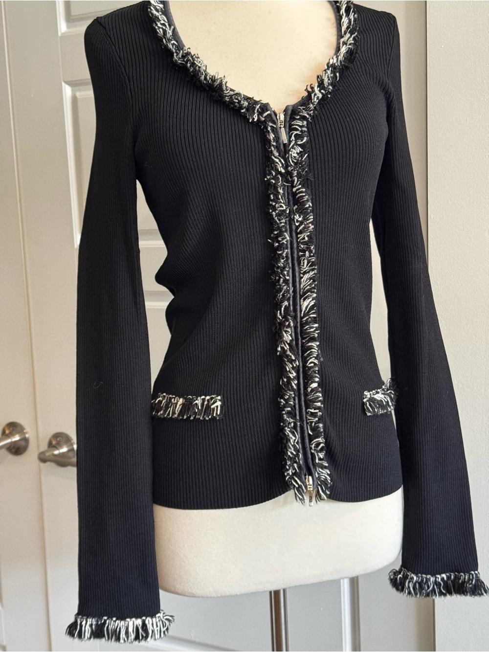 Cache Black Ribbed Cardigan with Black and White Fringe Trim